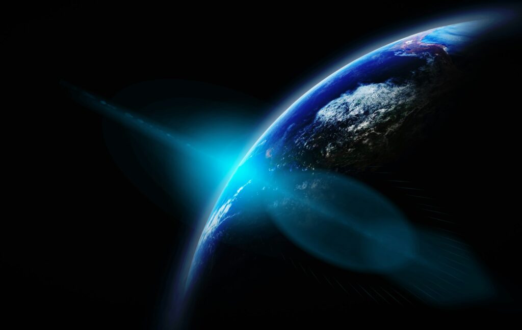 Part of earth with sun rise and lens flare background, Internet Network concept